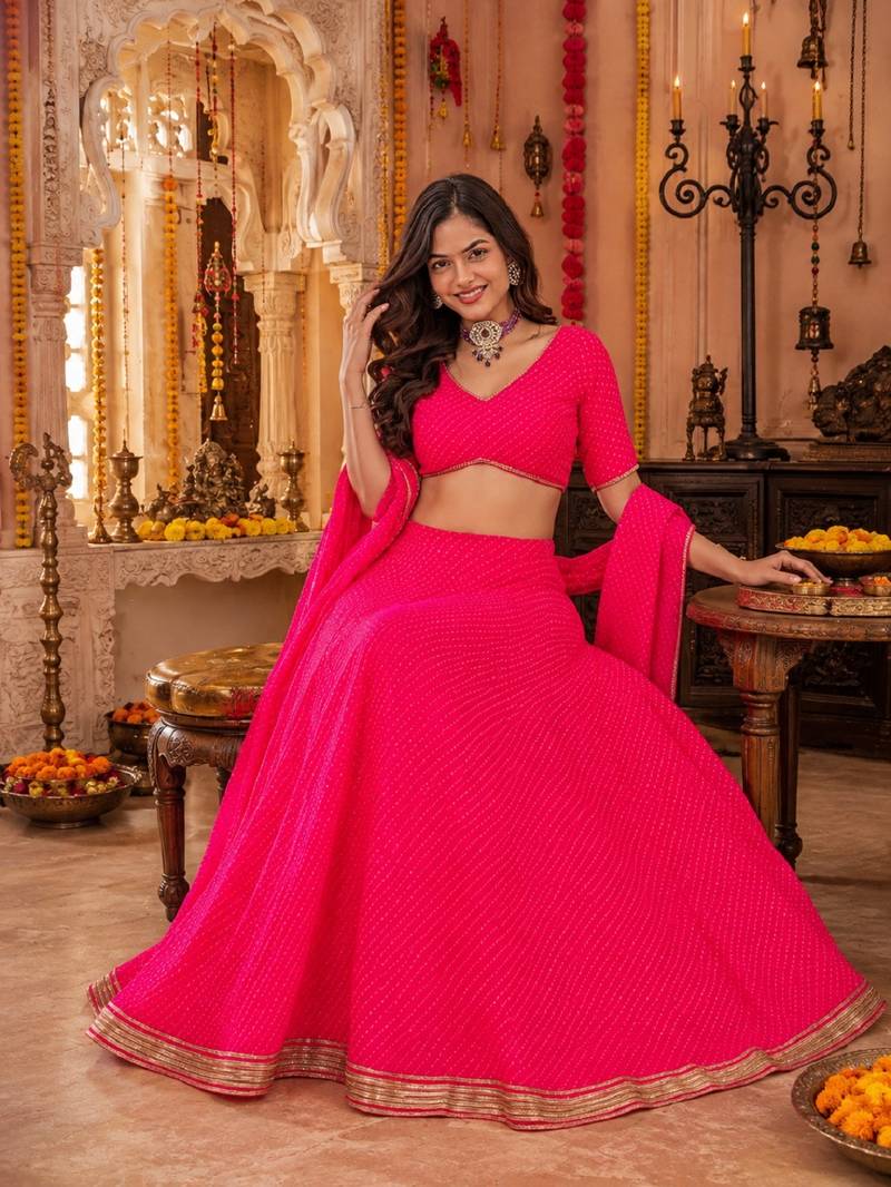 PINK LEHERIYA PRINT GEORGETTE LEHENGA CHOLI DUPATTA