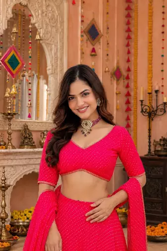 PINK LEHERIYA PRINT GEORGETTE LEHENGA CHOLI DUPATTA