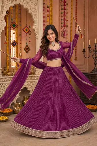 PURPLE LEHERIYA PRINT GEORGETTE LEHENGA CHOLI DUPATTA