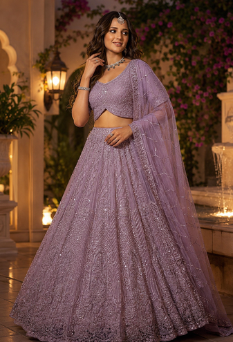 light lavender color Motif Crystal and Sequins work net Lehenga Choli set