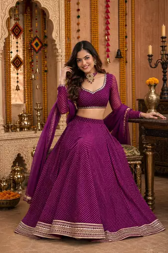PURPLE LEHERIYA PRINT GEORGETTE LEHENGA CHOLI DUPATTA