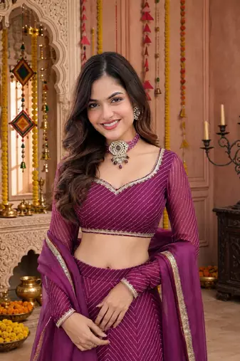 PURPLE LEHERIYA PRINT GEORGETTE LEHENGA CHOLI DUPATTA