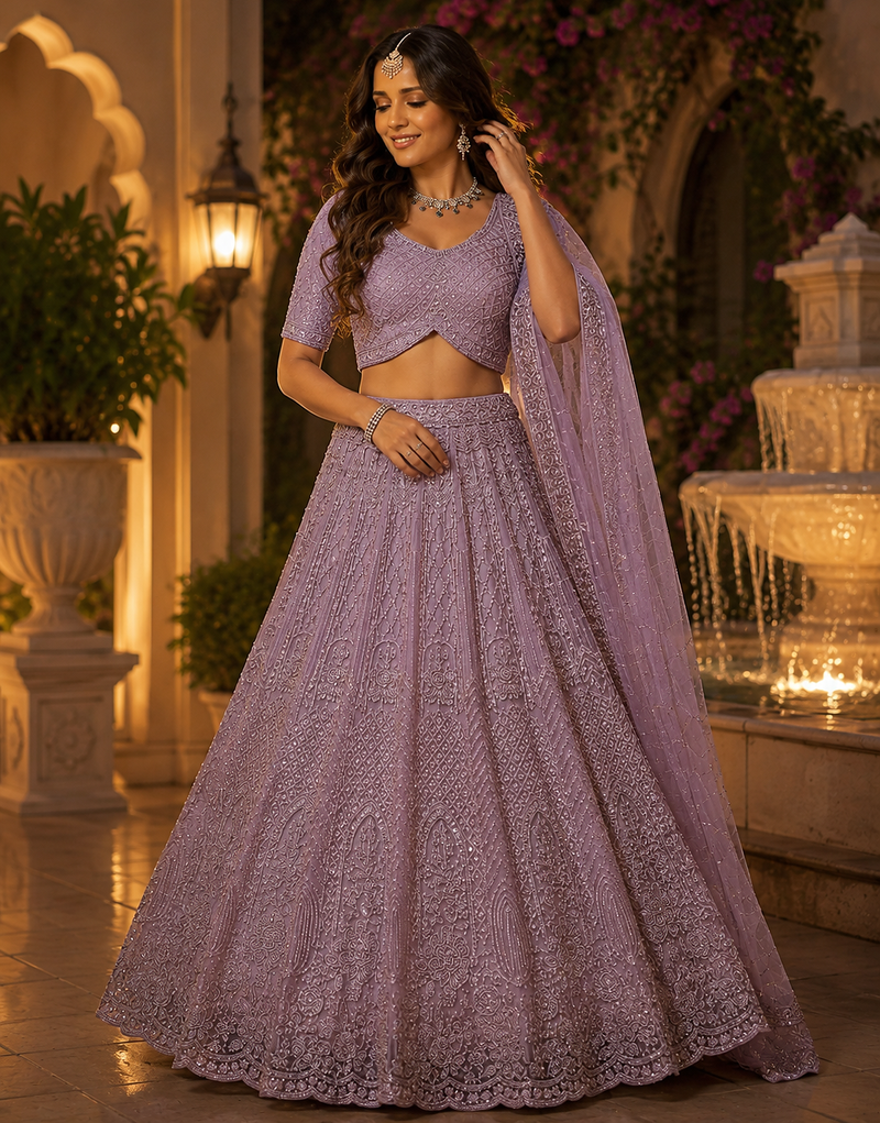 light lavender color Motif Crystal and Sequins work net Lehenga Choli set