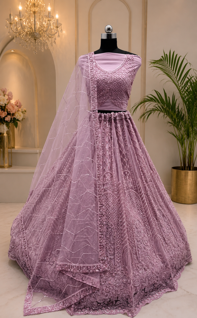 light lavender color Motif Crystal and Sequins work net Lehenga Choli set
