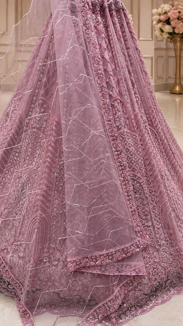 light lavender color Motif Crystal and Sequins work net Lehenga Choli set