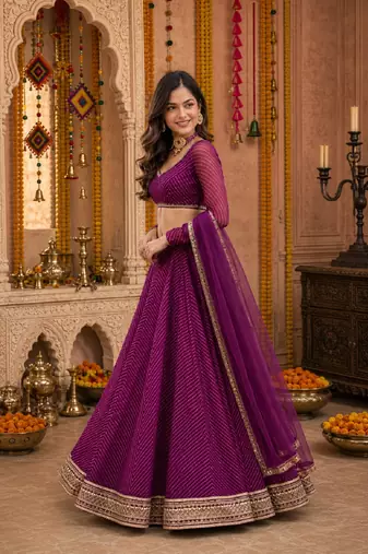 PURPLE LEHERIYA PRINT GEORGETTE LEHENGA CHOLI DUPATTA