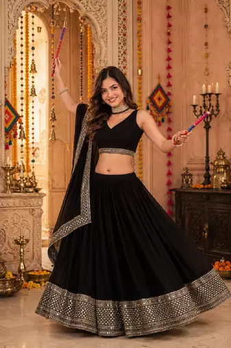 BLACK SEQUINS WORK GEORGETTE LEHENGA CHOLI DUPATTA