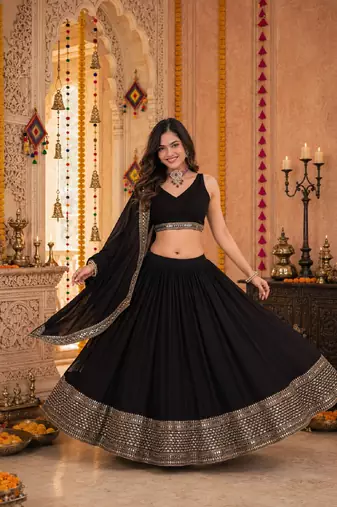 BLACK SEQUINS WORK GEORGETTE LEHENGA CHOLI DUPATTA