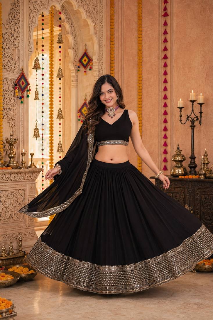 BLACK SEQUINS WORK GEORGETTE LEHENGA CHOLI DUPATTA