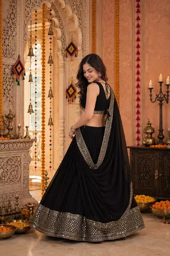 BLACK SEQUINS WORK GEORGETTE LEHENGA CHOLI DUPATTA