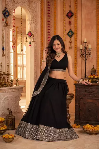 BLACK SEQUINS WORK GEORGETTE LEHENGA CHOLI DUPATTA
