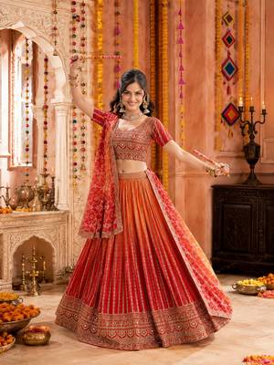 ORANGE SEQUINS & EMBROIDERED CHINNON LEHENGA CHOLI DUPATTA 1