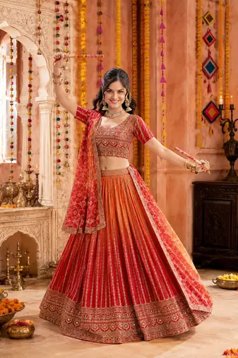 ORANGE SEQUINS & EMBROIDERED CHINNON LEHENGA CHOLI DUPATTA