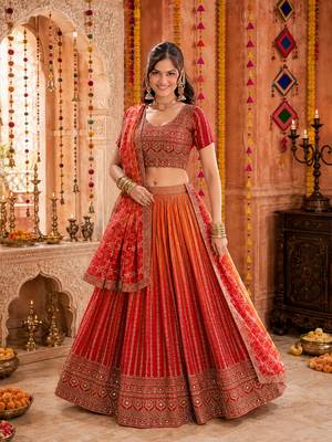ORANGE SEQUINS & EMBROIDERED CHINNON LEHENGA CHOLI DUPATTA 3