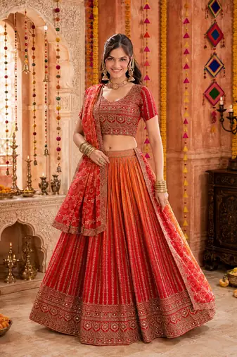 ORANGE SEQUINS & EMBROIDERED CHINNON LEHENGA CHOLI DUPATTA
