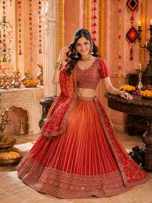 ORANGE SEQUINS & EMBROIDERED CHINNON LEHENGA CHOLI DUPATTA 4