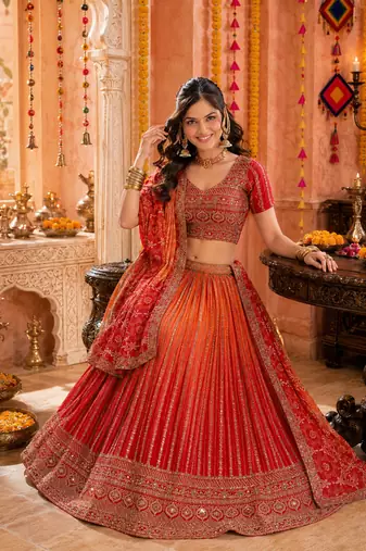 ORANGE SEQUINS & EMBROIDERED CHINNON LEHENGA CHOLI DUPATTA