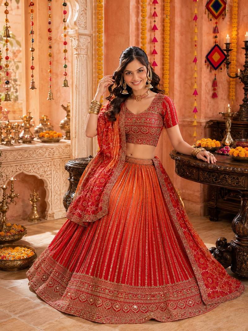 ORANGE SEQUINS & EMBROIDERED CHINNON LEHENGA CHOLI DUPATTA