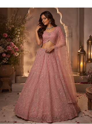 light Pink color Motif Crystal and Sequins work net Lehenga Choli set 1