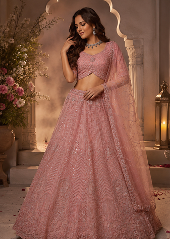 light Pink color Motif Crystal and Sequins work net Lehenga Choli set