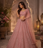 light Pink color Motif Crystal and Sequins work net Lehenga Choli set