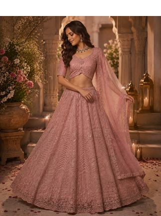 light Pink color Motif Crystal and Sequins work net Lehenga Choli set 2