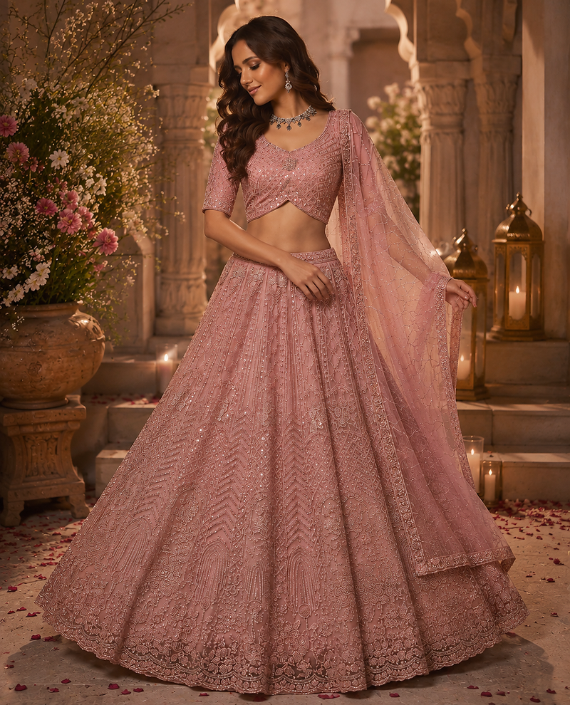light Pink color Motif Crystal and Sequins work net Lehenga Choli set