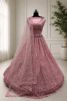 light Pink color Motif Crystal and Sequins work net Lehenga Choli set 3