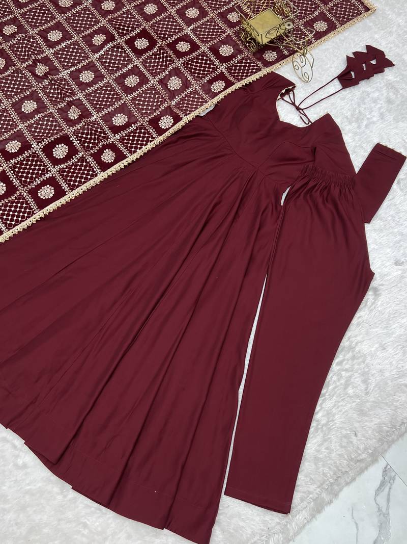 Maroon roman silk embroidery party wear anarkali  suit set