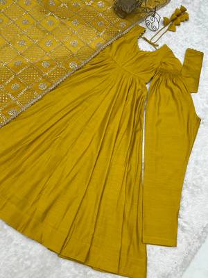 Yellow  roman silk embroidery party wear anarkali  suit set 5
