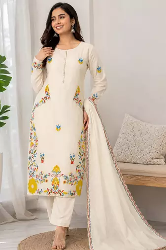white color embroidery  work silk blend salwar suit