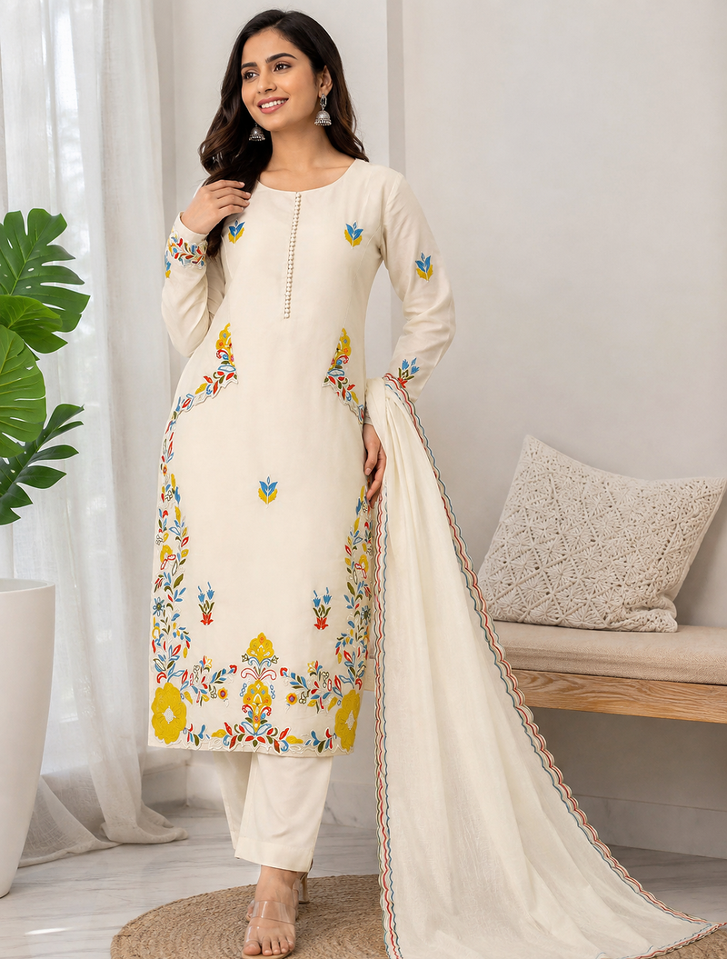 white color embroidery  work silk blend salwar suit