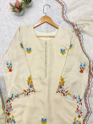 white color embroidery  work silk blend salwar suit 2