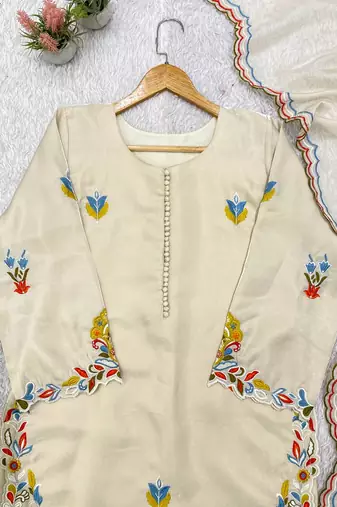 white color embroidery  work silk blend salwar suit
