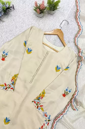 white color embroidery  work silk blend salwar suit