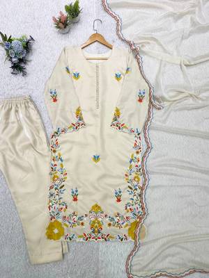white color embroidery  work silk blend salwar suit 5