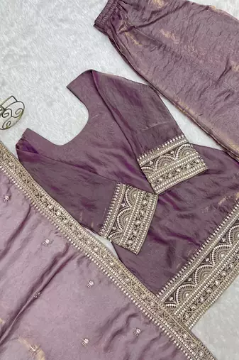 Purple chanderi silk embroidery party wear sharara suit set