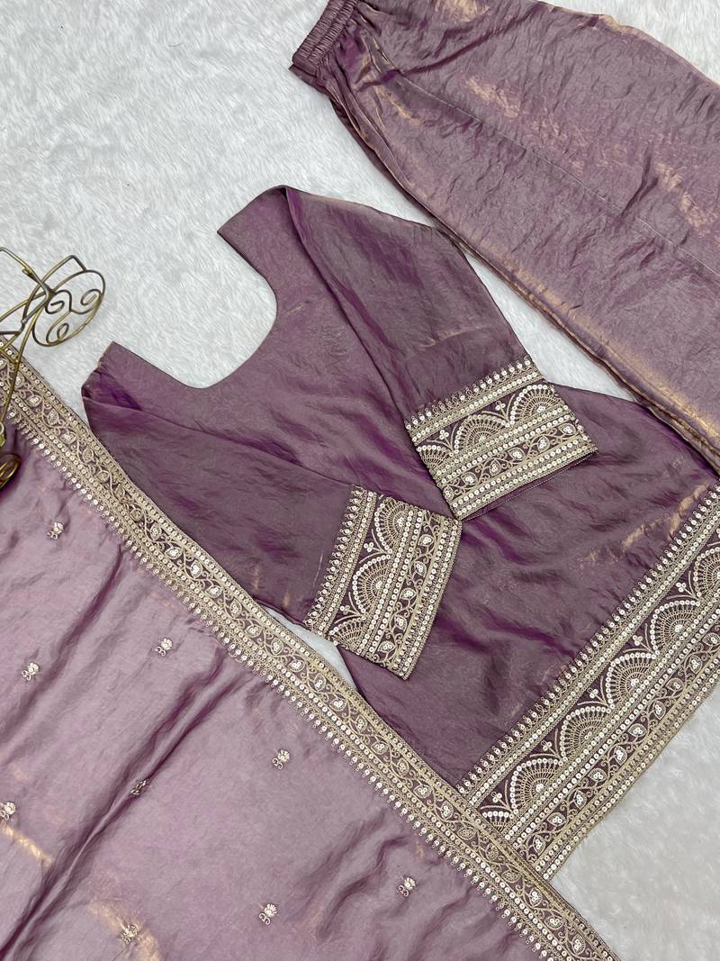Purple chanderi silk embroidery party wear sharara suit set