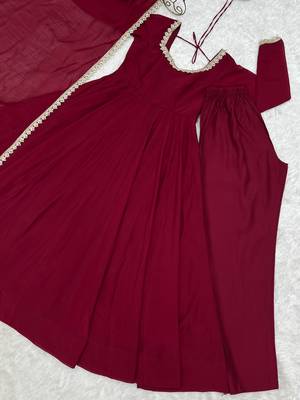 Maroon chanderi silk embroidery party wear anarkali  suit set 5