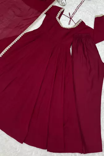 Maroon chanderi silk embroidery party wear anarkali  suit set