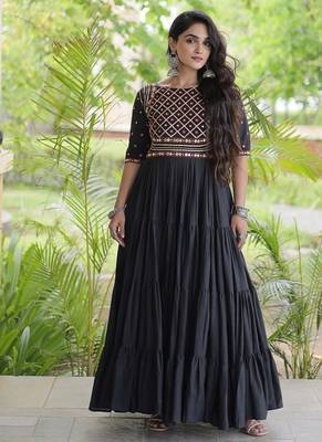 Kora cotton embroidered gown with gota patti & mirror work 12 meter flair navratri garba dress 1