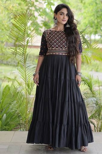 Kora cotton embroidered gown with gota patti & mirror work 12 meter flair navratri garba dress