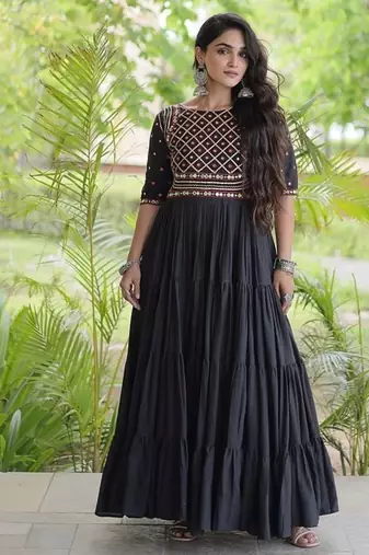 Kora cotton embroidered gown with gota patti & mirror work 12 meter flair navratri garba dress