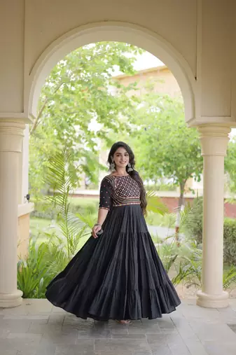 Kora cotton embroidered gown with gota patti & mirror work 12 meter flair navratri garba dress
