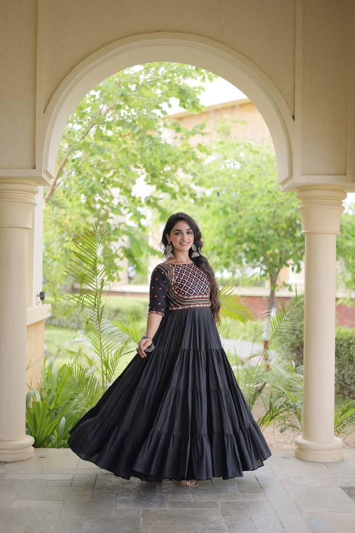 Kora cotton embroidered gown with gota patti & mirror work 12 meter flair navratri garba dress