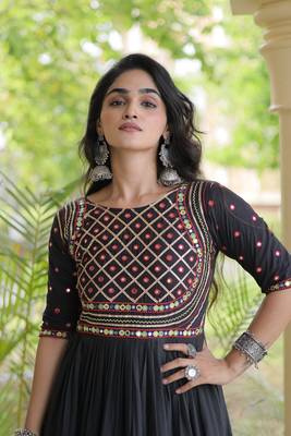 Kora cotton embroidered gown with gota patti & mirror work 12 meter flair navratri garba dress 4