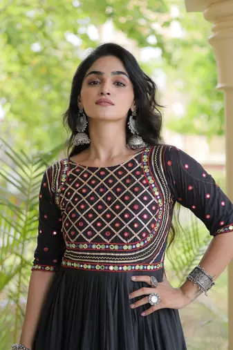 Kora cotton embroidered gown with gota patti & mirror work 12 meter flair navratri garba dress