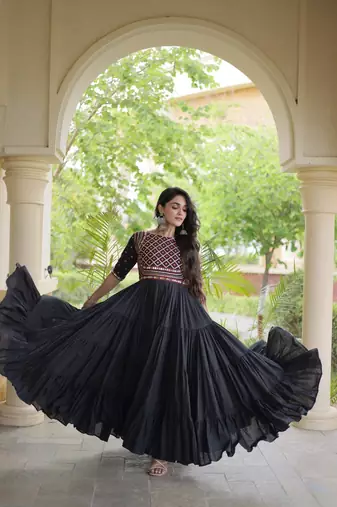 Kora cotton embroidered gown with gota patti & mirror work 12 meter flair navratri garba dress