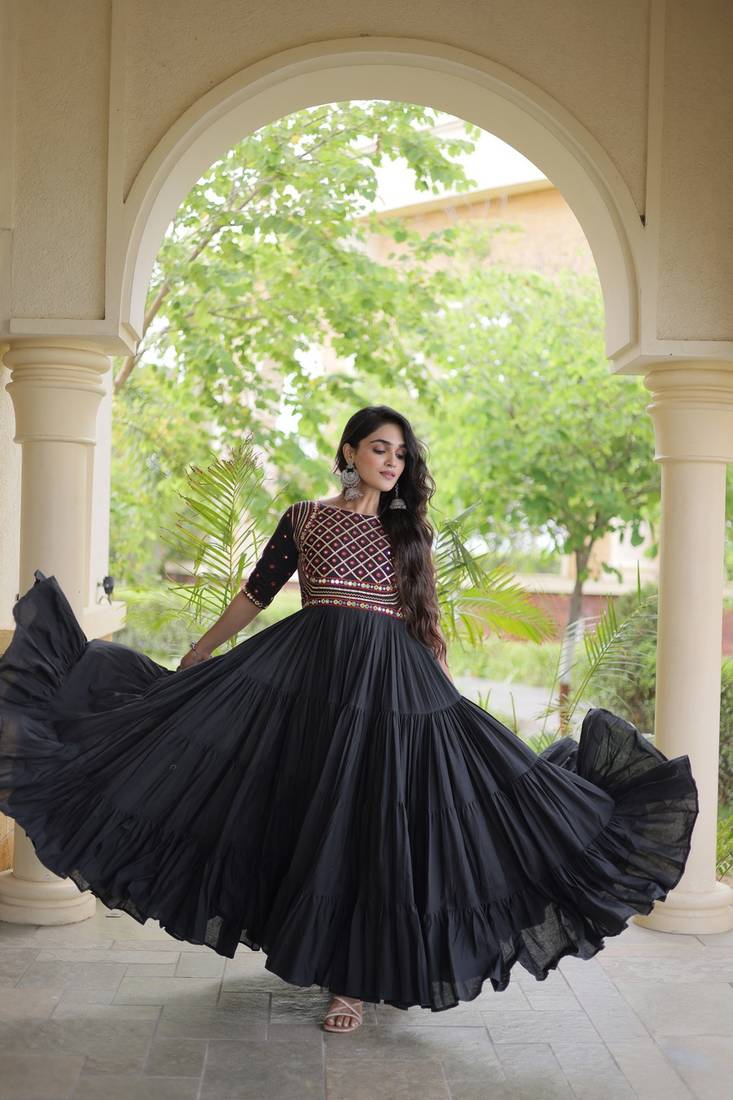 Kora cotton embroidered gown with gota patti & mirror work 12 meter flair navratri garba dress