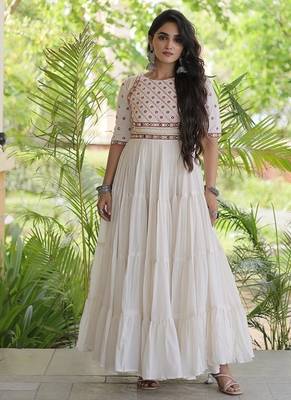 Kora cotton embroidered gown with gota patti & mirror work 12 meter flair navratri garba dress  1